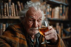 An old man drinking from a glass of wine photo