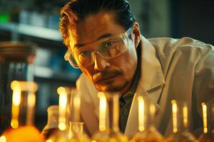 A man in a lab coat is looking at a test tube photo
