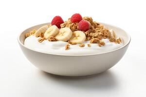 A bowl of yogurt with bananas, raspberries and granola photo