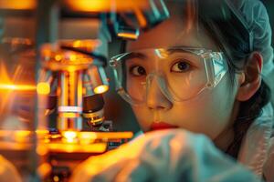 A woman in a lab coat looking through a microscope photo