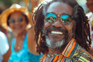 A man with dreadlocks and sunglasses smiling photo