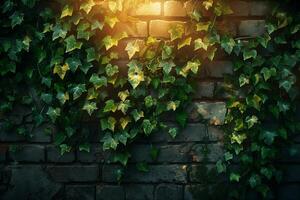 A brick wall with ivy growing on it photo