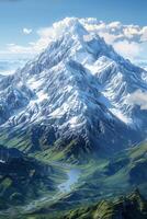 A mountain range with a river flowing through it photo