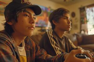 Two young men sitting on a couch playing games photo