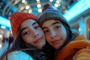Two girls in winter hats taking selfie photo