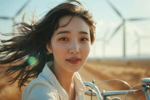 A woman riding a bicycle in front of wind turbines photo