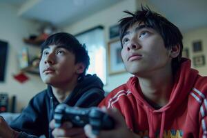 Two young men playing games in a living room photo