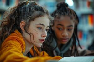 Two girls reading a book in a library photo
