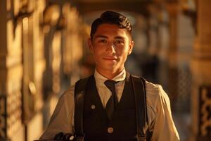 A young man in a vest and tie standing in a hallway photo