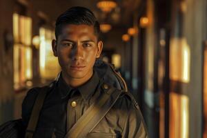 A man in uniform standing in a hallway photo
