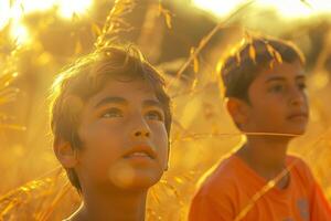 Two boys looking up in a field of tall grass photo