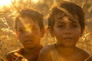 Two boys are standing in a field with the sun shining on them photo