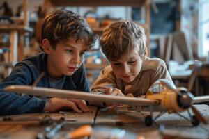 Two boys playing with a model airplane photo