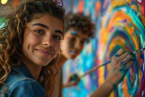 Two young people are painting a colorful mural photo