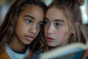 Two young girls are looking at a book photo