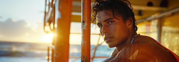 A young man is sitting on a boat at sunset photo