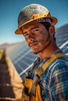 A man in a hard hat and overalls standing in front of solar panels photo