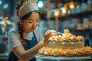 A woman in an apron is decorating a cake photo