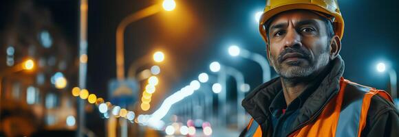A man in an orange vest and hard hat standing in front of street lights photo