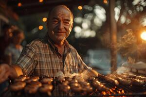 A man is cooking on a grill with meat photo