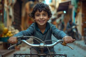 A young boy smiles while riding a bike in a narrow street photo