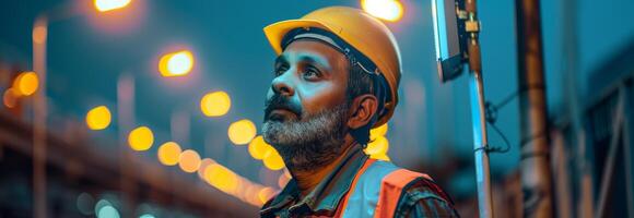 A man in a hard hat and vest standing in front of street lights photo
