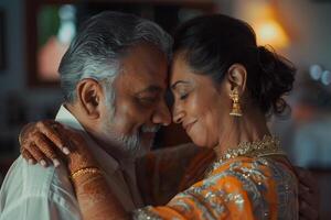 An indian couple embracing in a room photo