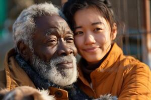 An older man and young woman hugging each other photo