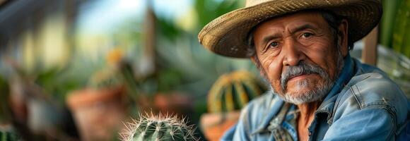An old man with a hat and cactus plant photo