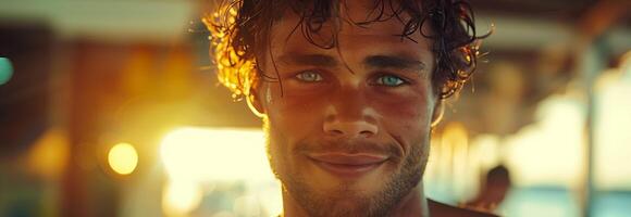 A man with blue eyes is smiling photo