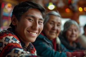A man smiles while sitting with his family photo