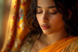 A woman in a sari with her eyes closed photo