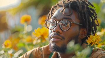 A man with dreadlocks and glasses in a field of flowers photo