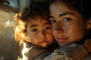 un mujer y niño son abrazando en el luz de sol foto
