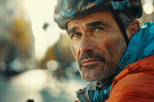 A man wearing a helmet and riding a bike photo