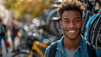 A young man smiles while standing in front of a group of bicycles photo