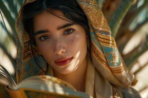 A woman in a traditional dress is reading a book photo