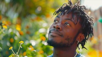 A man with dreadlocks is looking up at something photo