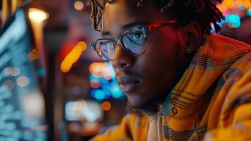 A man wearing glasses and a yellow jacket is looking at a computer screen photo