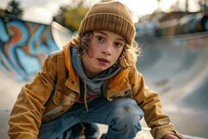 A young boy is sitting on a skateboard ramp photo