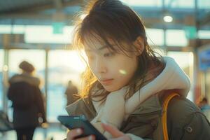 A woman looking at her phone while standing in an airport photo
