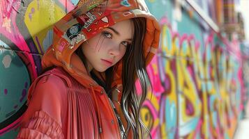 A girl in a hoodie standing in front of a colorful wall photo