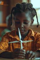 A young girl with braids holding a wind turbine photo
