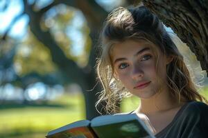 A girl reading a book in the park photo