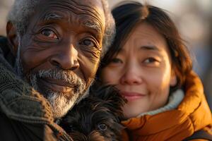 An older man and woman with a dog photo