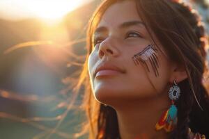 A woman with painted face and feathers on her head photo