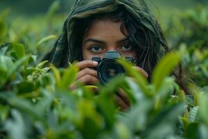A woman in a green hoodie taking a photo