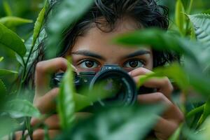 A woman is taking a photo through the leaves of a bush