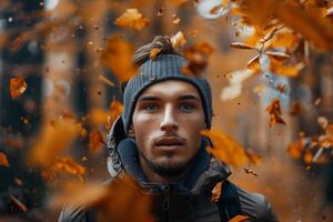 Man in autumn forest with leaves falling photo
