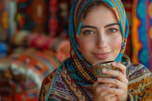 A woman in a colorful headscarf holding a cup photo